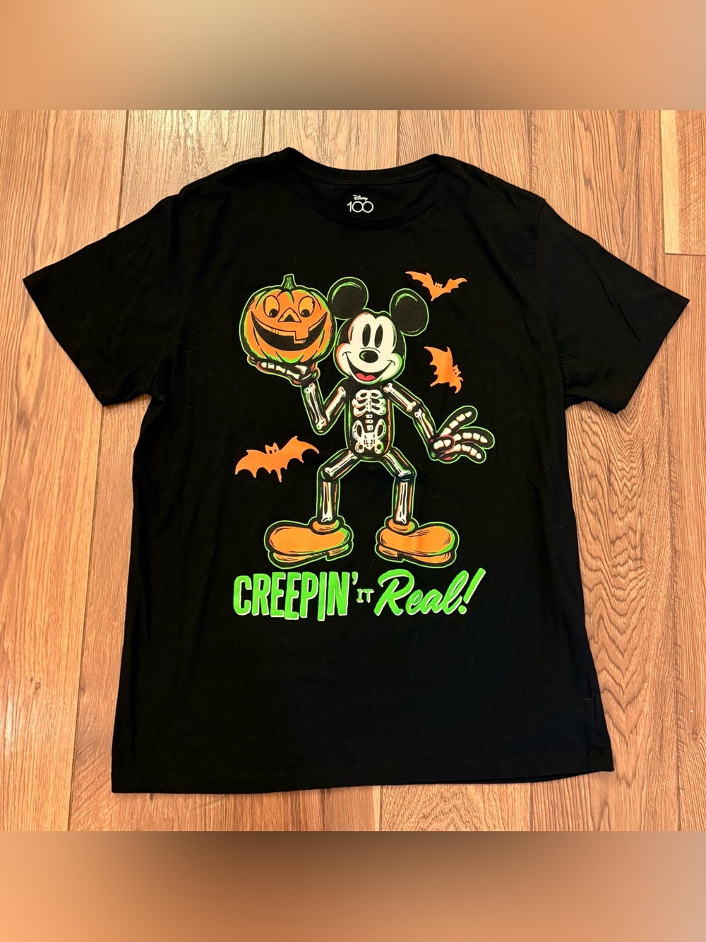 Disney Black Halloween Mickey Skeleton Tee with Neon Green & Orange